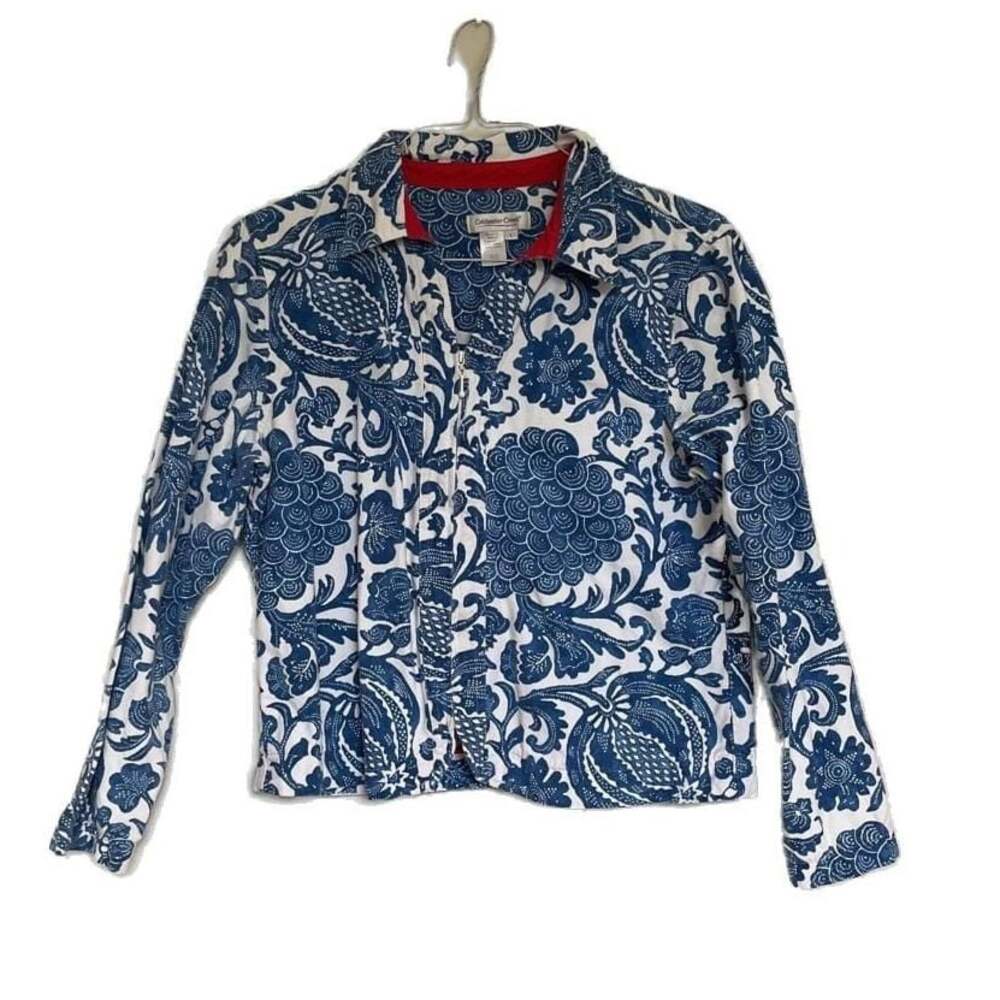 Coldwater Creek Blue and White‎ Floral Zip-Up Jacket